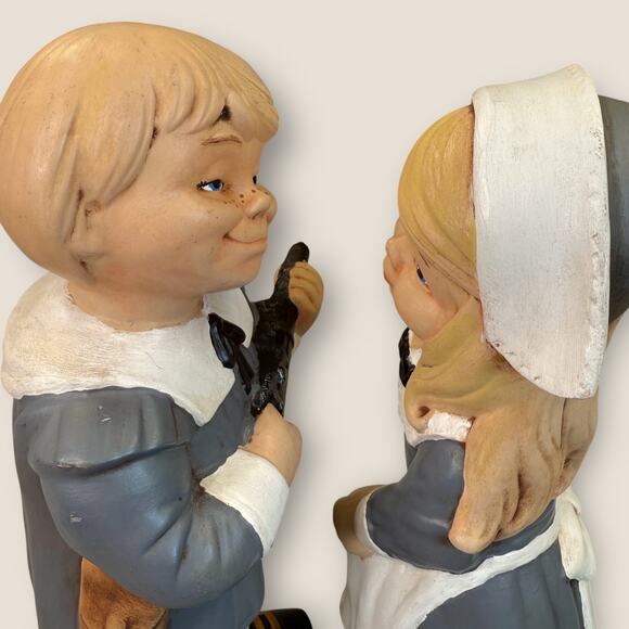 Vintage 70s Hand Painted 2 Piece Set Ceramic Figurines Pilgrims Thanksgiving 12" - Picture 6 of 11